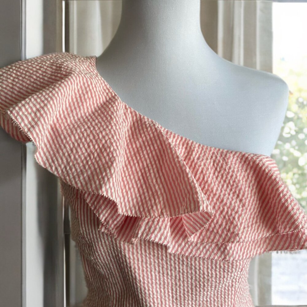 J.Crew One-Shoulder Ruffle Seersucker Dress – Size 4 - Picture 2 of 7